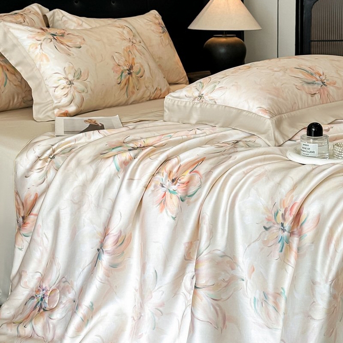 91家纺网 家纺一手货源 找家纺 慕晨 2026新款大宽边天丝莱赛尔数码印花夏被四件套高级简奢款丝滑丝绸直播热款 木棉