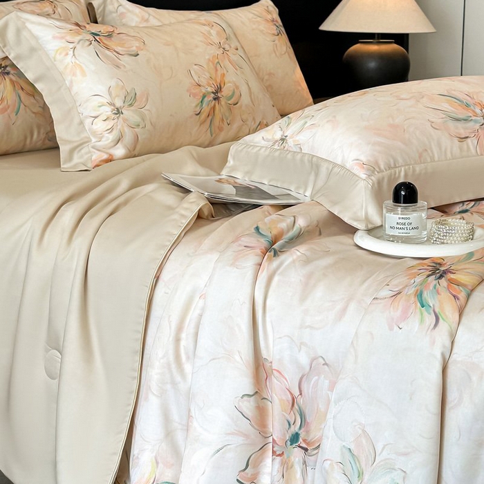 91家纺网 家纺一手货源 找家纺 慕晨 2026新款大宽边天丝莱赛尔数码印花夏被四件套高级简奢款丝滑丝绸直播热款 木棉