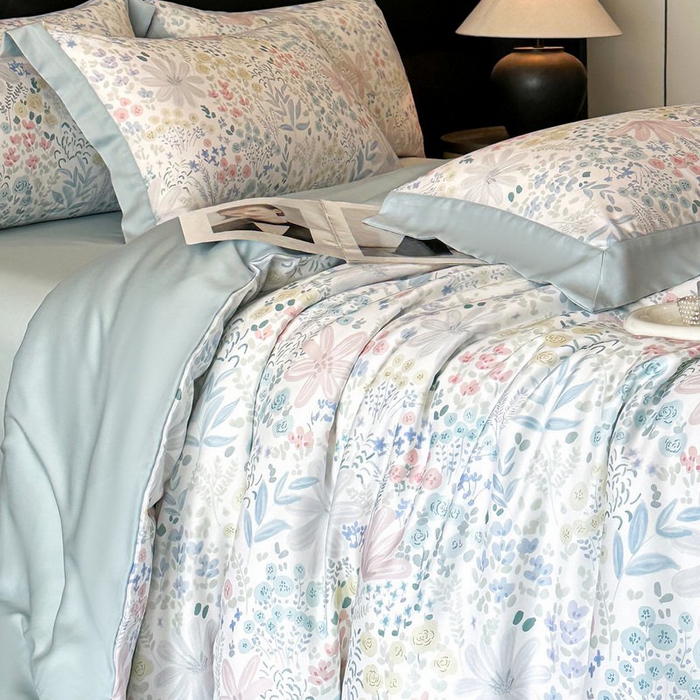 91家纺网 家纺一手货源 找家纺 慕晨 2026新款大宽边高级简奢款凉感天丝莱赛尔数码印花丝滑丝绸四件套直播热款 沐初