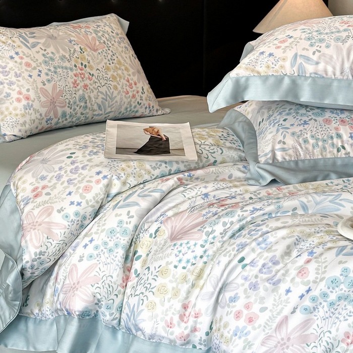 91家纺网 家纺一手货源 找家纺 慕晨 2026新款大宽边高级简奢款凉感天丝莱赛尔数码印花丝滑丝绸四件套直播热款 沐初