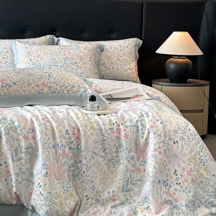 91家纺网 家纺一手货源 找家纺 慕晨 2026新款大宽边高级简奢款凉感天丝莱赛尔数码印花丝滑丝绸四件套直播热款 沐初