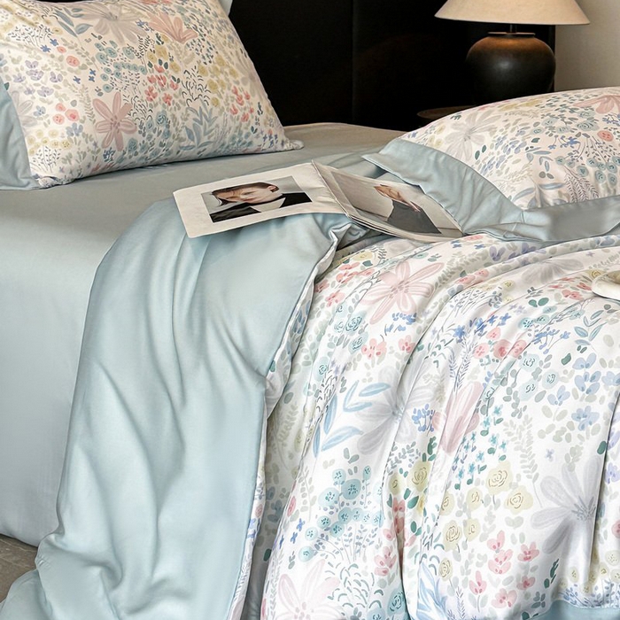 91家纺网 家纺一手货源 找家纺 慕晨 2026新款大宽边高级简奢款凉感天丝莱赛尔数码印花丝滑丝绸四件套直播热款 沐初