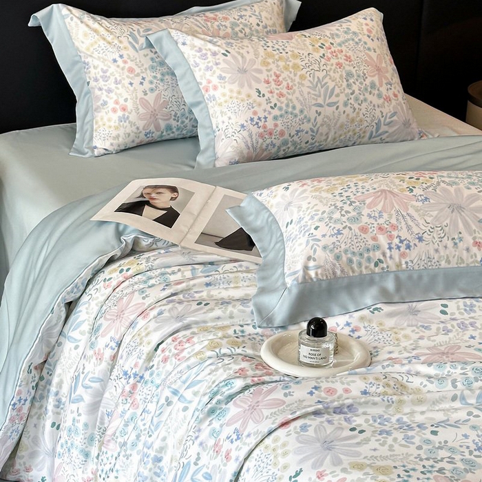 91家纺网 家纺一手货源 找家纺 慕晨 2026新款大宽边高级简奢款凉感天丝莱赛尔数码印花丝滑丝绸四件套直播热款 沐初