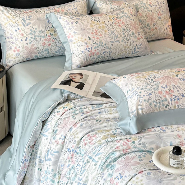 91家纺网 家纺一手货源 找家纺 慕晨 2026新款大宽边高级简奢款凉感天丝莱赛尔数码印花丝滑丝绸四件套直播热款 沐初