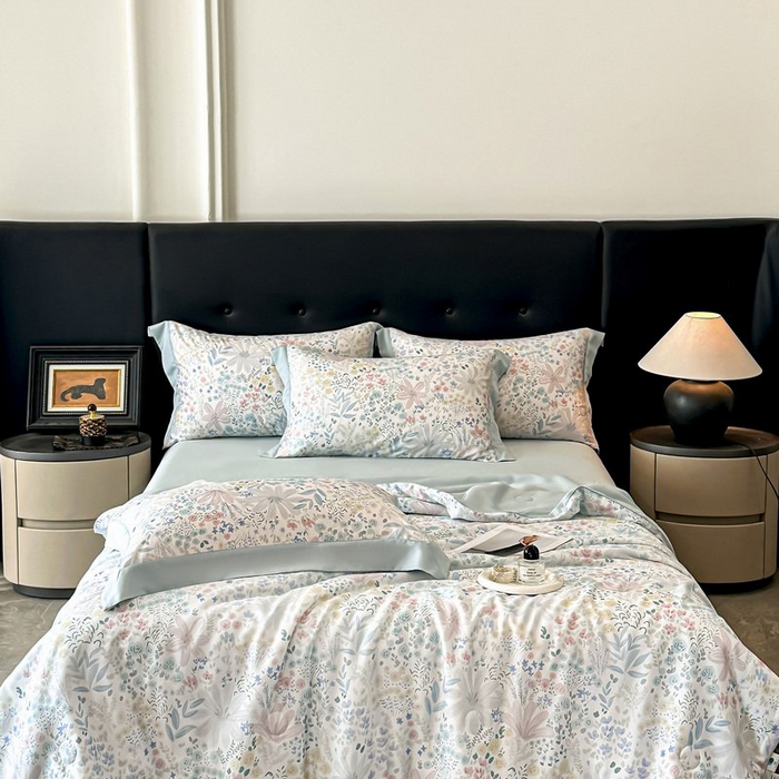 91家纺网 家纺一手货源 找家纺 慕晨 2026新款大宽边天丝莱赛尔数码印花夏被四件套高级简奢款丝滑丝绸直播热款 沐初