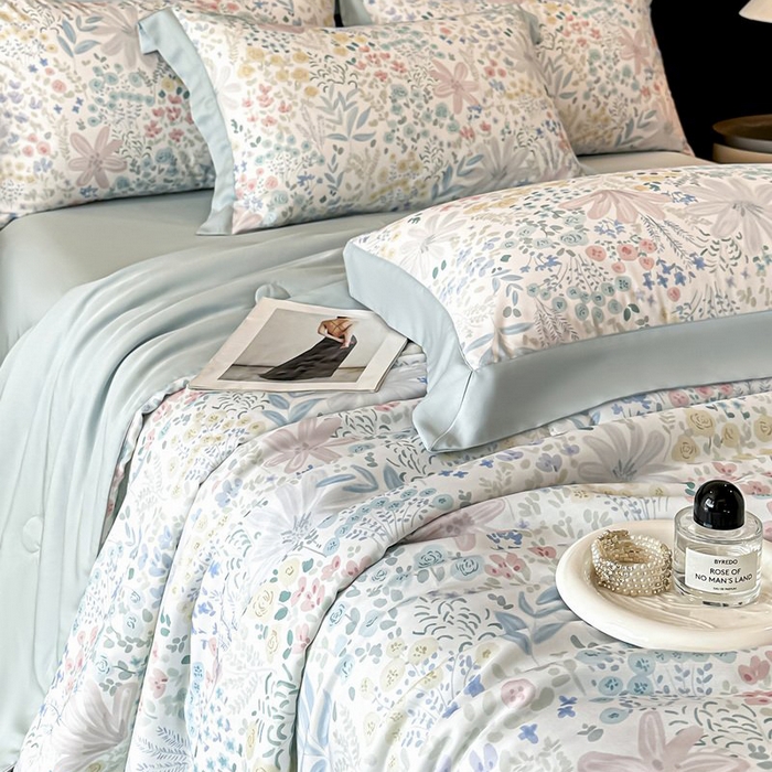 91家纺网 家纺一手货源 找家纺 慕晨 2026新款大宽边天丝莱赛尔数码印花夏被四件套高级简奢款丝滑丝绸直播热款 沐初