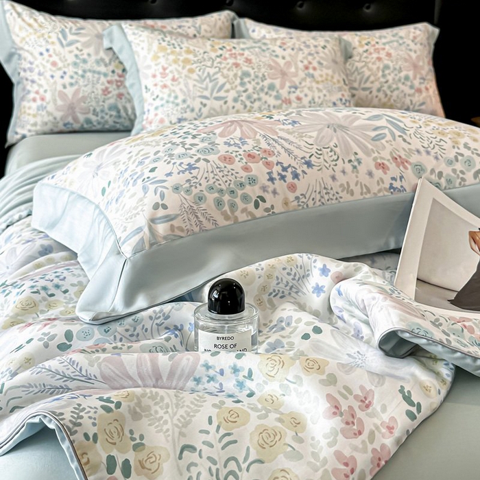 91家纺网 家纺一手货源 找家纺 慕晨 2026新款大宽边天丝莱赛尔数码印花夏被四件套高级简奢款丝滑丝绸直播热款 沐初