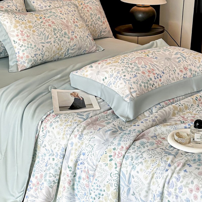 91家纺网 家纺一手货源 找家纺 慕晨 2026新款大宽边天丝莱赛尔数码印花夏被四件套高级简奢款丝滑丝绸直播热款 沐初