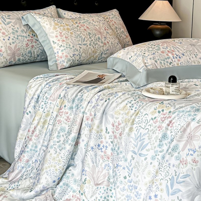 91家纺网 家纺一手货源 找家纺 慕晨 2026新款大宽边天丝莱赛尔数码印花夏被四件套高级简奢款丝滑丝绸直播热款 沐初