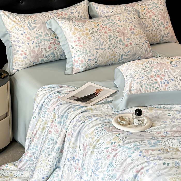 91家纺网 家纺一手货源 找家纺 慕晨 2026新款大宽边天丝莱赛尔数码印花夏被四件套高级简奢款丝滑丝绸直播热款 沐初