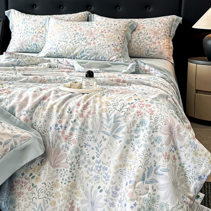 91家纺网 家纺一手货源 找家纺 慕晨 2026新款大宽边天丝莱赛尔数码印花夏被四件套高级简奢款丝滑丝绸直播热款 沐初