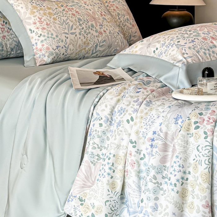 91家纺网 家纺一手货源 找家纺 慕晨 2026新款大宽边天丝莱赛尔数码印花夏被四件套高级简奢款丝滑丝绸直播热款 沐初