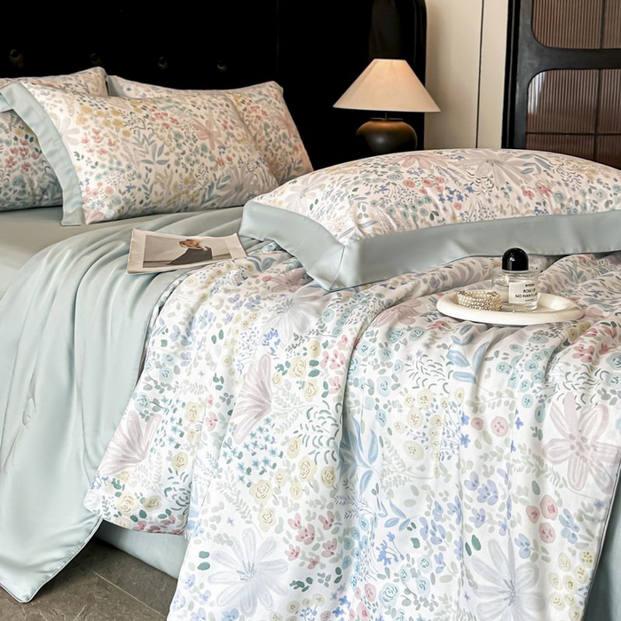 91家纺网 家纺一手货源 找家纺 慕晨 2026新款大宽边天丝莱赛尔数码印花夏被四件套高级简奢款丝滑丝绸直播热款 沐初