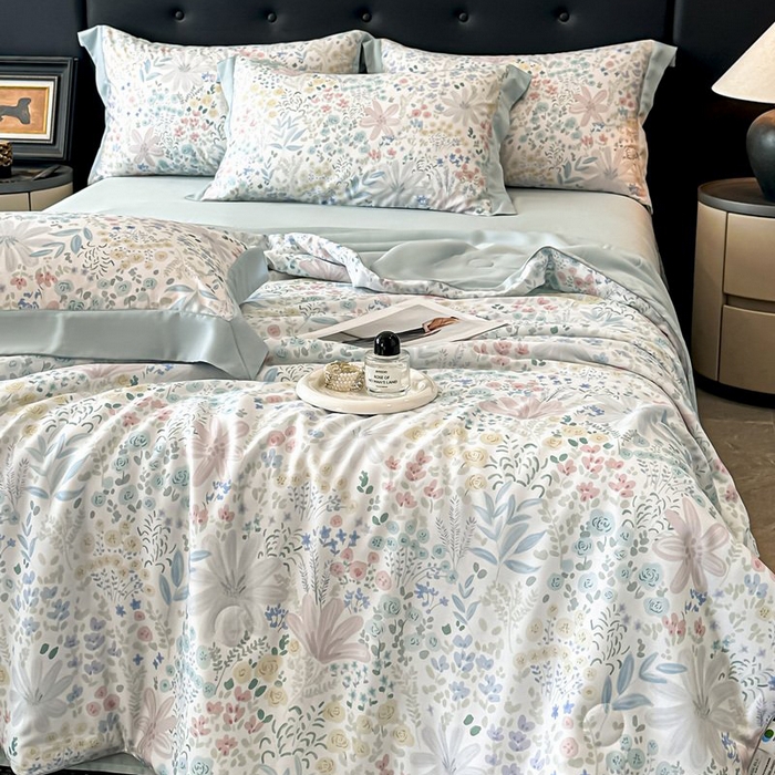 91家纺网 家纺一手货源 找家纺 慕晨 2026新款大宽边天丝莱赛尔数码印花夏被四件套高级简奢款丝滑丝绸直播热款 沐初