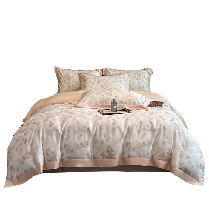 91家纺网 家纺一手货源 找家纺 慕晨 2026新款大宽边高级简奢款凉感天丝莱赛尔数码印花丝滑丝绸四件套直播热款 念池-粉