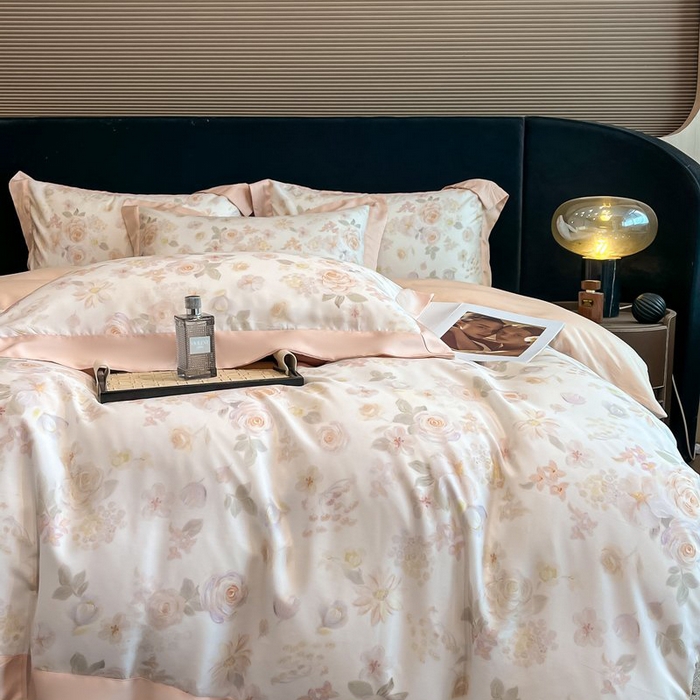 91家纺网 家纺一手货源 找家纺 慕晨 2026新款大宽边高级简奢款凉感天丝莱赛尔数码印花丝滑丝绸四件套直播热款 念池-粉