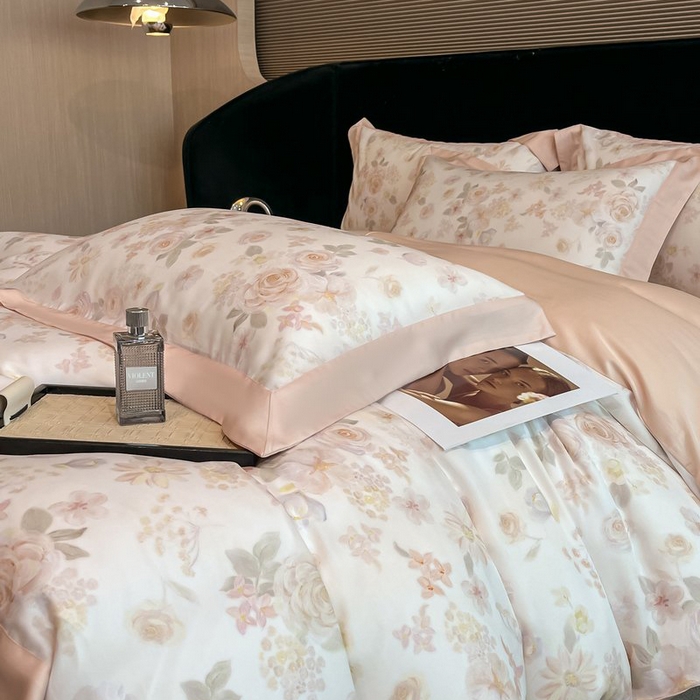 91家纺网 家纺一手货源 找家纺 慕晨 2026新款大宽边高级简奢款凉感天丝莱赛尔数码印花丝滑丝绸四件套直播热款 念池-粉