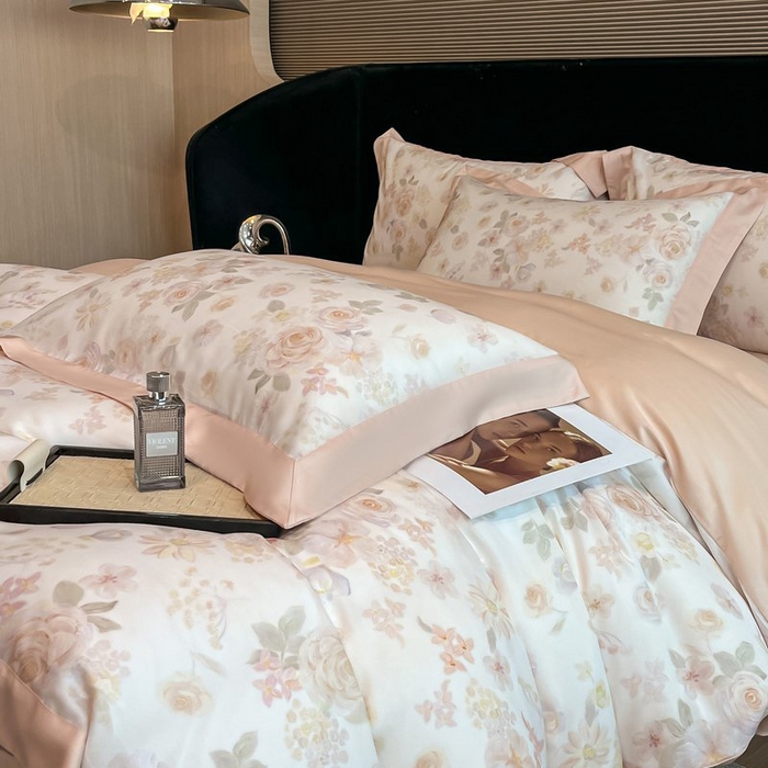 91家纺网 家纺一手货源 找家纺 慕晨 2026新款大宽边高级简奢款凉感天丝莱赛尔数码印花丝滑丝绸四件套直播热款 念池-粉