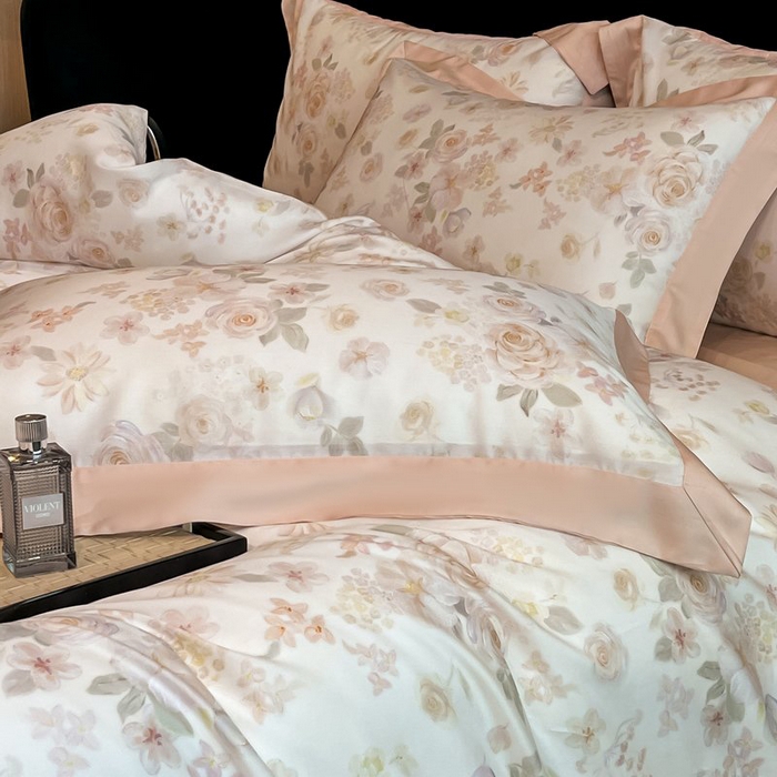 91家纺网 家纺一手货源 找家纺 慕晨 2026新款大宽边高级简奢款凉感天丝莱赛尔数码印花丝滑丝绸四件套直播热款 念池-粉