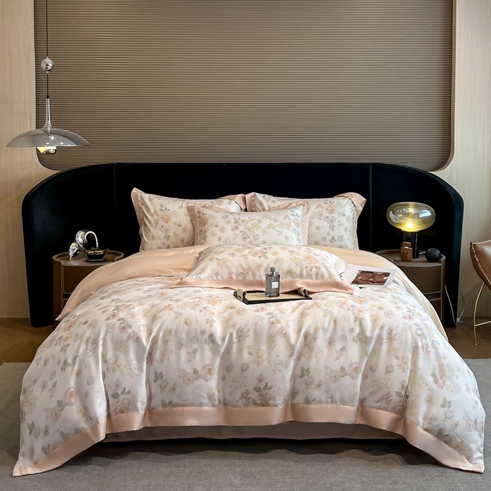 91家纺网 家纺一手货源 找家纺 慕晨 2026新款大宽边高级简奢款凉感天丝莱赛尔数码印花丝滑丝绸四件套直播热款 念池-粉