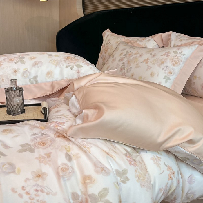 91家纺网 家纺一手货源 找家纺 慕晨 2026新款大宽边高级简奢款凉感天丝莱赛尔数码印花丝滑丝绸四件套直播热款 念池-粉