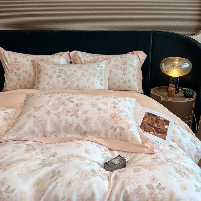 91家纺网 家纺一手货源 找家纺 慕晨 2026新款大宽边高级简奢款凉感天丝莱赛尔数码印花丝滑丝绸四件套直播热款 念池-粉