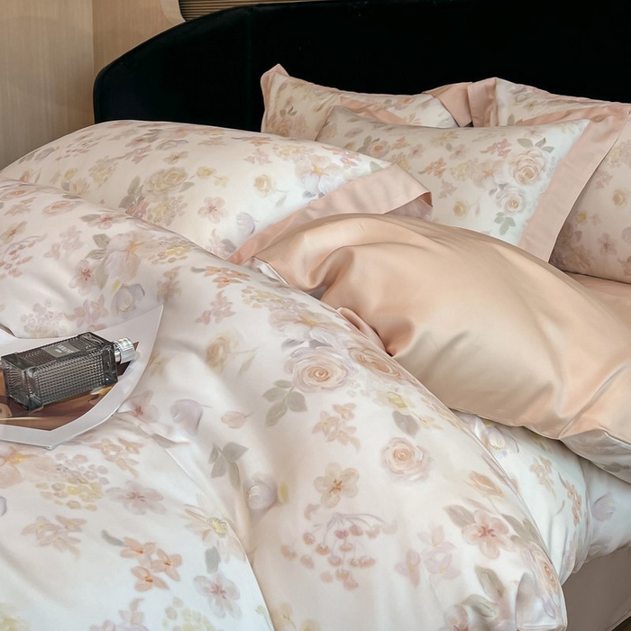 91家纺网 家纺一手货源 找家纺 慕晨 2026新款大宽边高级简奢款凉感天丝莱赛尔数码印花丝滑丝绸四件套直播热款 念池-粉