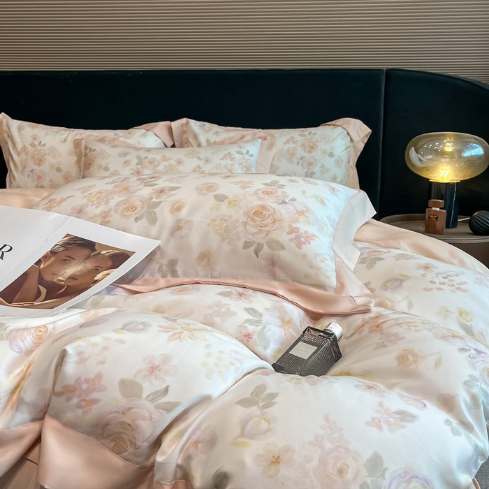 91家纺网 家纺一手货源 找家纺 慕晨 2026新款大宽边高级简奢款凉感天丝莱赛尔数码印花丝滑丝绸四件套直播热款 念池-粉