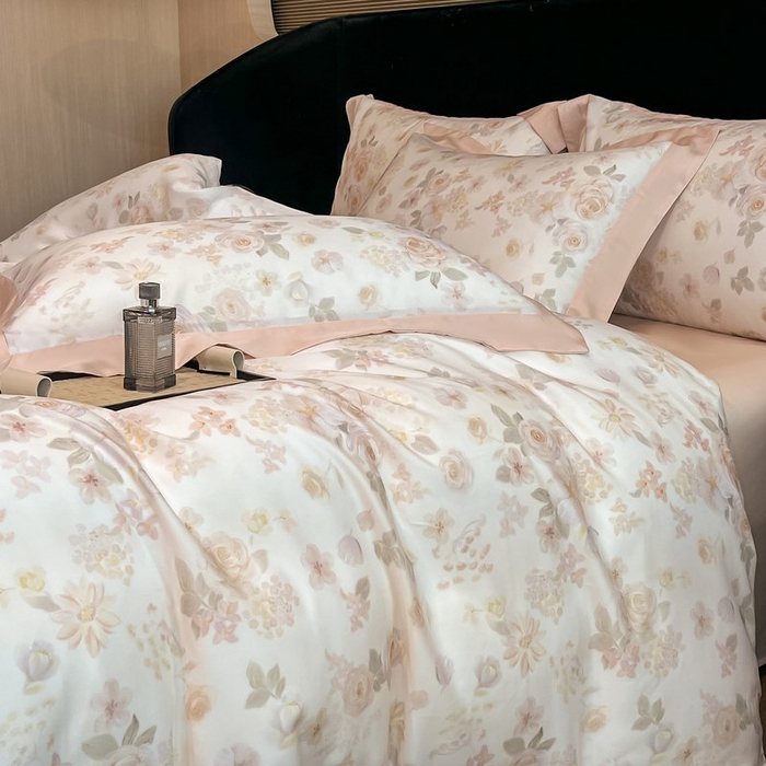 91家纺网 家纺一手货源 找家纺 慕晨 2026新款大宽边高级简奢款凉感天丝莱赛尔数码印花丝滑丝绸四件套直播热款 念池-粉