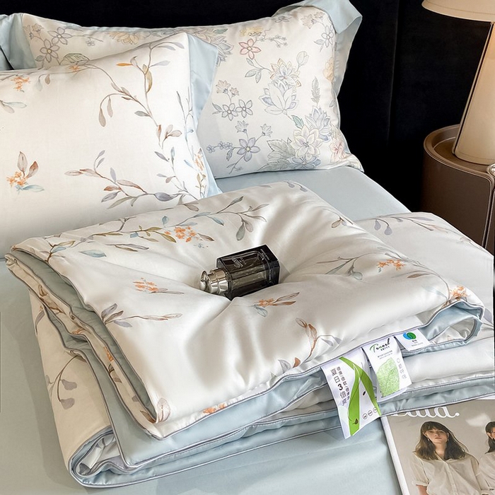 慕晨 2026新款大宽边天丝莱赛尔数码印花夏被四件套高级简奢款丝滑丝绸直播热款 清雅
