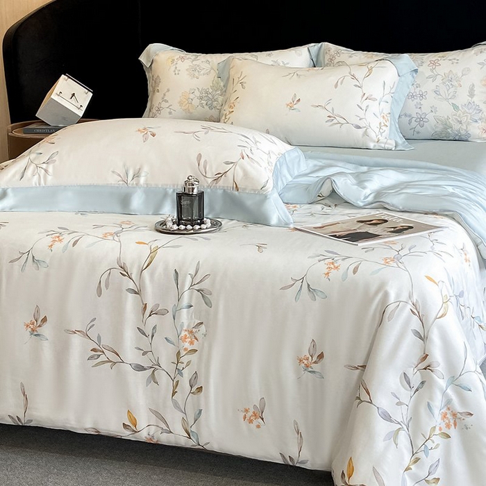 91家纺网 家纺一手货源 找家纺 慕晨 2026新款大宽边天丝莱赛尔数码印花夏被四件套高级简奢款丝滑丝绸直播热款 清雅