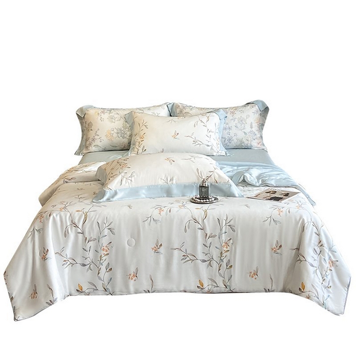 91家纺网 家纺一手货源 找家纺 慕晨 2026新款大宽边天丝莱赛尔数码印花夏被四件套高级简奢款丝滑丝绸直播热款 清雅