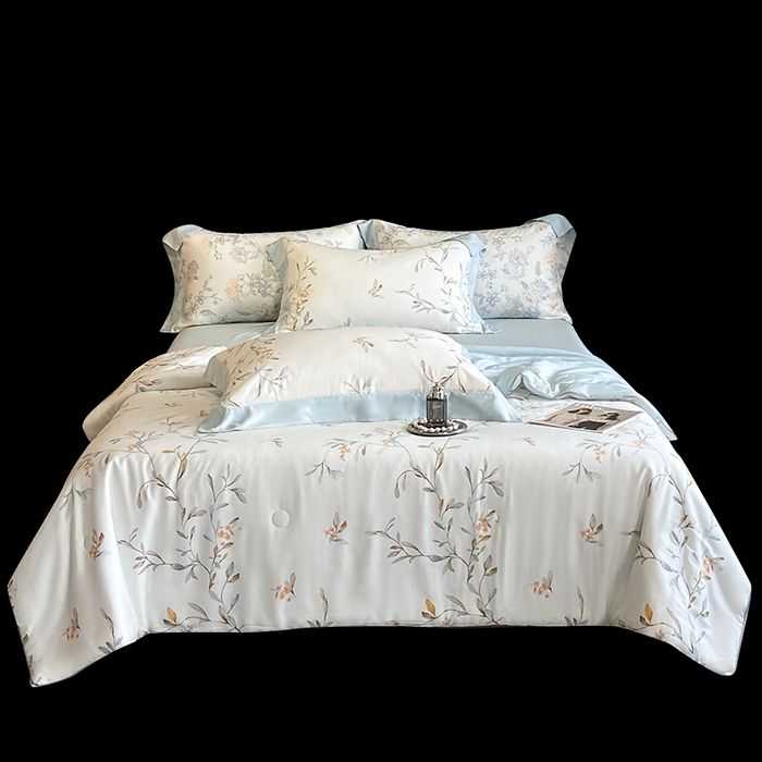 91家纺网 家纺一手货源 找家纺 慕晨 2026新款大宽边天丝莱赛尔数码印花夏被四件套高级简奢款丝滑丝绸直播热款 清雅