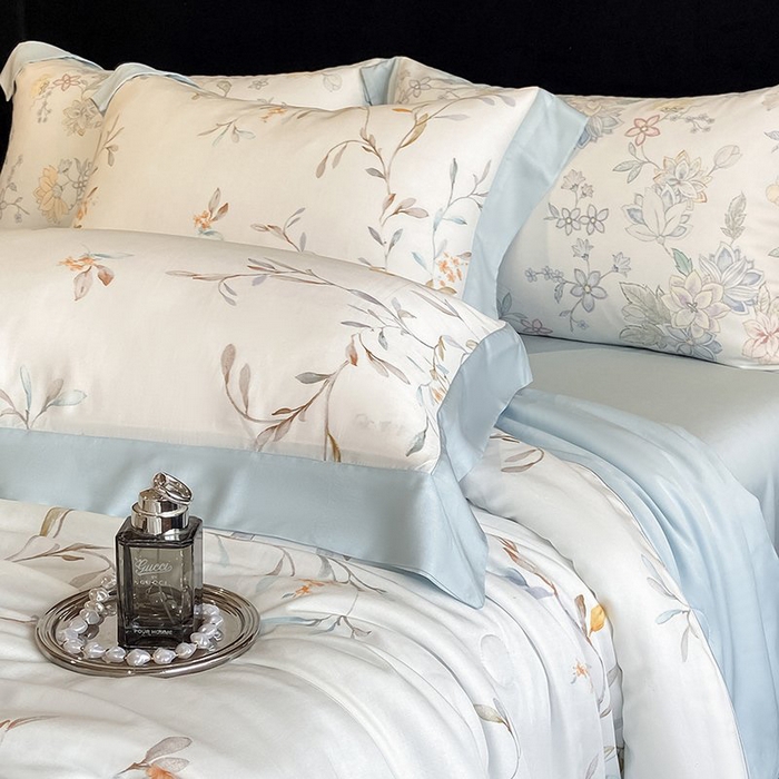 91家纺网 家纺一手货源 找家纺 慕晨 2026新款大宽边天丝莱赛尔数码印花夏被四件套高级简奢款丝滑丝绸直播热款 清雅