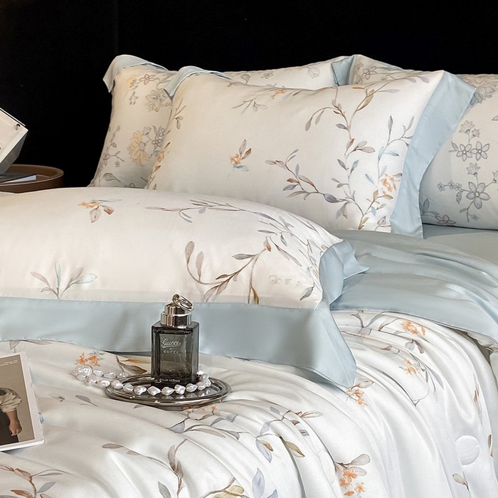 91家纺网 家纺一手货源 找家纺 慕晨 2026新款大宽边天丝莱赛尔数码印花夏被四件套高级简奢款丝滑丝绸直播热款 清雅