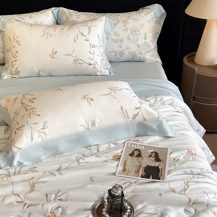 91家纺网 家纺一手货源 找家纺 慕晨 2026新款大宽边天丝莱赛尔数码印花夏被四件套高级简奢款丝滑丝绸直播热款 清雅