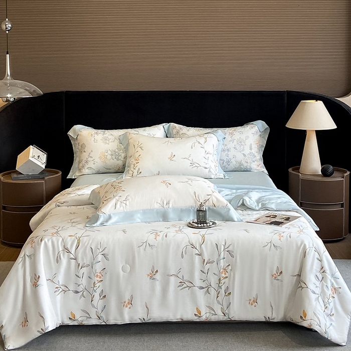 91家纺网 家纺一手货源 找家纺 慕晨 2026新款大宽边天丝莱赛尔数码印花夏被四件套高级简奢款丝滑丝绸直播热款 清雅