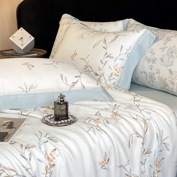 91家纺网 家纺一手货源 找家纺 慕晨 2026新款大宽边天丝莱赛尔数码印花夏被四件套高级简奢款丝滑丝绸直播热款 清雅