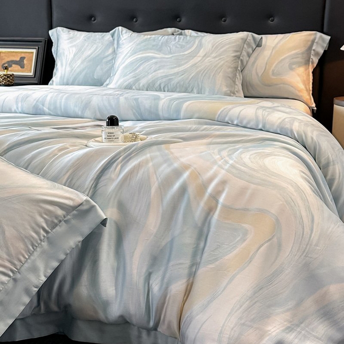 91家纺网 家纺一手货源 找家纺 慕晨 2026新款大宽边高级简奢款凉感天丝莱赛尔数码印花丝滑丝绸四件套直播热款 软烟