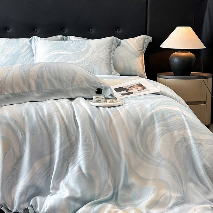 91家纺网 家纺一手货源 找家纺 慕晨 2026新款大宽边高级简奢款凉感天丝莱赛尔数码印花丝滑丝绸四件套直播热款 软烟