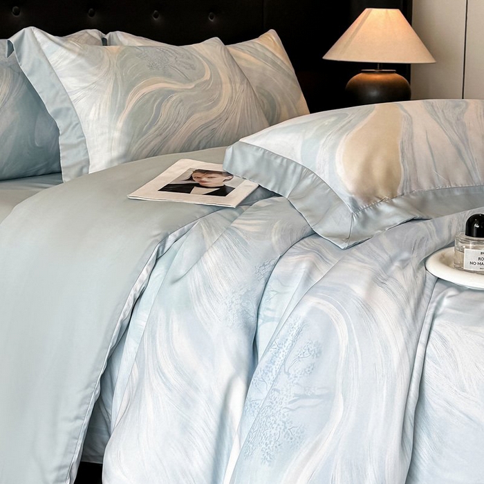 91家纺网 家纺一手货源 找家纺 慕晨 2026新款大宽边高级简奢款凉感天丝莱赛尔数码印花丝滑丝绸四件套直播热款 软烟