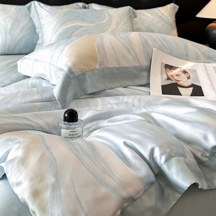 91家纺网 家纺一手货源 找家纺 慕晨 2026新款大宽边高级简奢款凉感天丝莱赛尔数码印花丝滑丝绸四件套直播热款 软烟