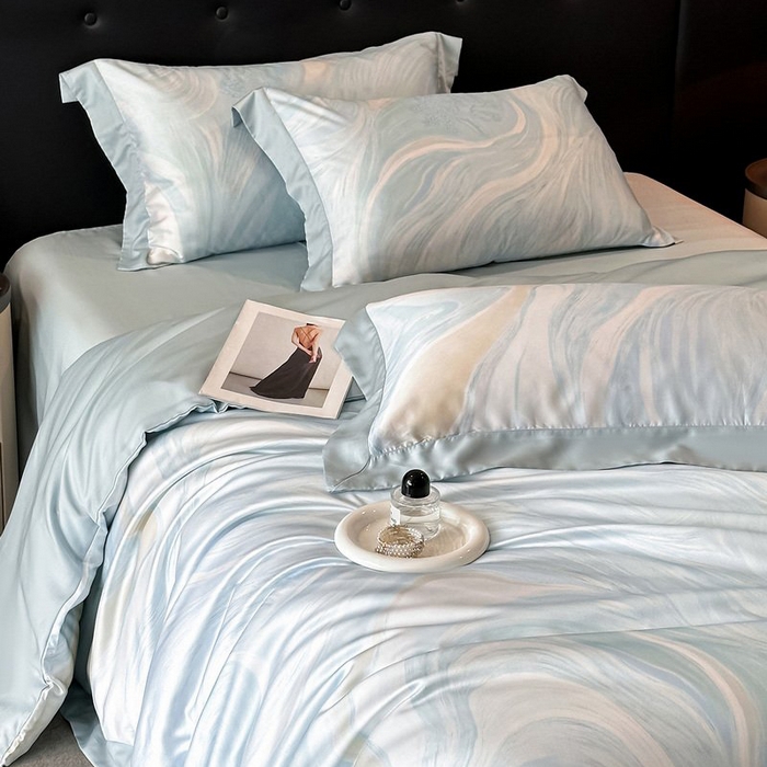 91家纺网 家纺一手货源 找家纺 慕晨 2026新款大宽边高级简奢款凉感天丝莱赛尔数码印花丝滑丝绸四件套直播热款 软烟