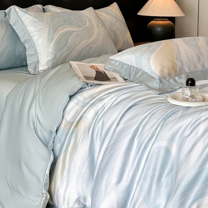 91家纺网 家纺一手货源 找家纺 慕晨 2026新款大宽边高级简奢款凉感天丝莱赛尔数码印花丝滑丝绸四件套直播热款 软烟