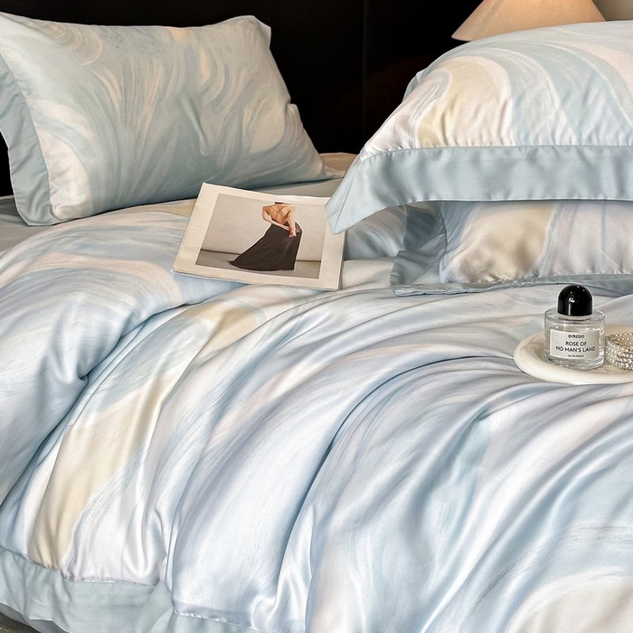 91家纺网 家纺一手货源 找家纺 慕晨 2026新款大宽边高级简奢款凉感天丝莱赛尔数码印花丝滑丝绸四件套直播热款 软烟