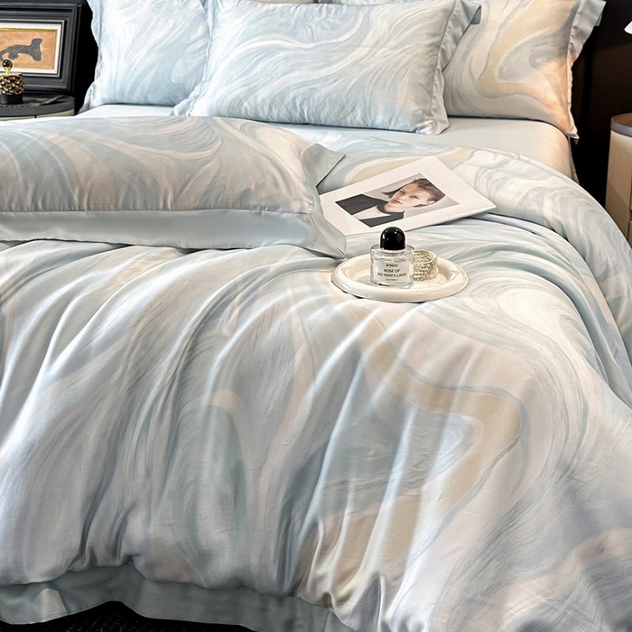 91家纺网 家纺一手货源 找家纺 慕晨 2026新款大宽边高级简奢款凉感天丝莱赛尔数码印花丝滑丝绸四件套直播热款 软烟