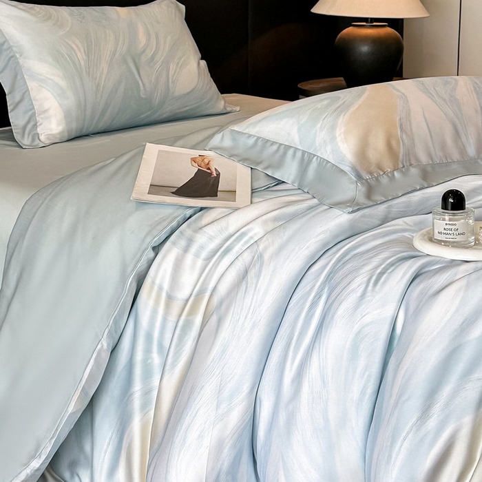 91家纺网 家纺一手货源 找家纺 慕晨 2026新款大宽边高级简奢款凉感天丝莱赛尔数码印花丝滑丝绸四件套直播热款 软烟