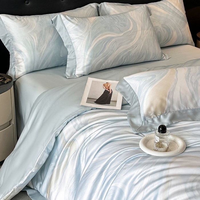 91家纺网 家纺一手货源 找家纺 慕晨 2026新款大宽边高级简奢款凉感天丝莱赛尔数码印花丝滑丝绸四件套直播热款 软烟