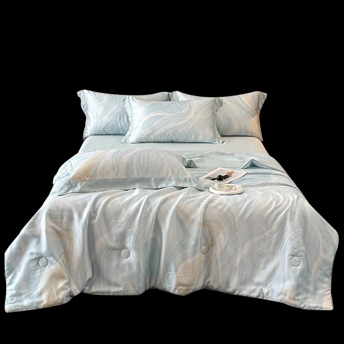 91家纺网 家纺一手货源 找家纺 慕晨 2026新款大宽边天丝莱赛尔数码印花夏被四件套高级简奢款丝滑丝绸直播热款 软烟