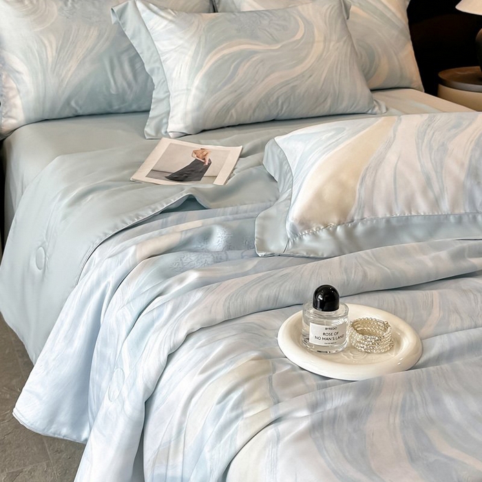 91家纺网 家纺一手货源 找家纺 慕晨 2026新款大宽边天丝莱赛尔数码印花夏被四件套高级简奢款丝滑丝绸直播热款 软烟